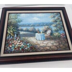 Framed C. Hunter Oil Painting on Canvas Garden Waterside Impressionist 16x20